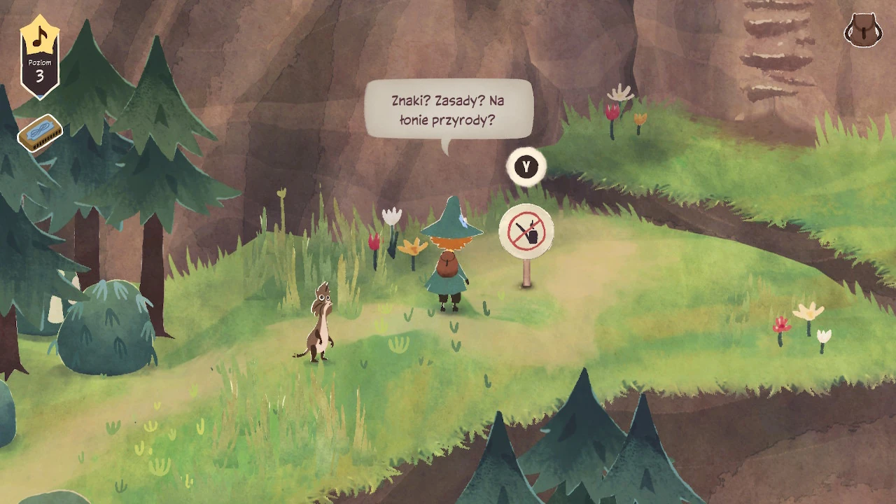 Snufkin and the nameless creature look at a sign with a crossed out pipe