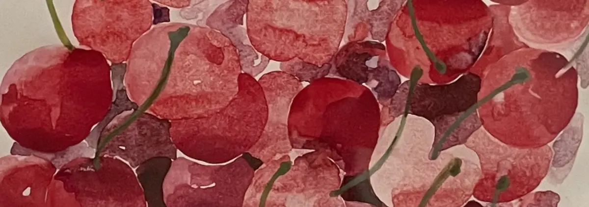 Close crop of a watercolor painting of a bowl of cherries by Ruth Asawa
