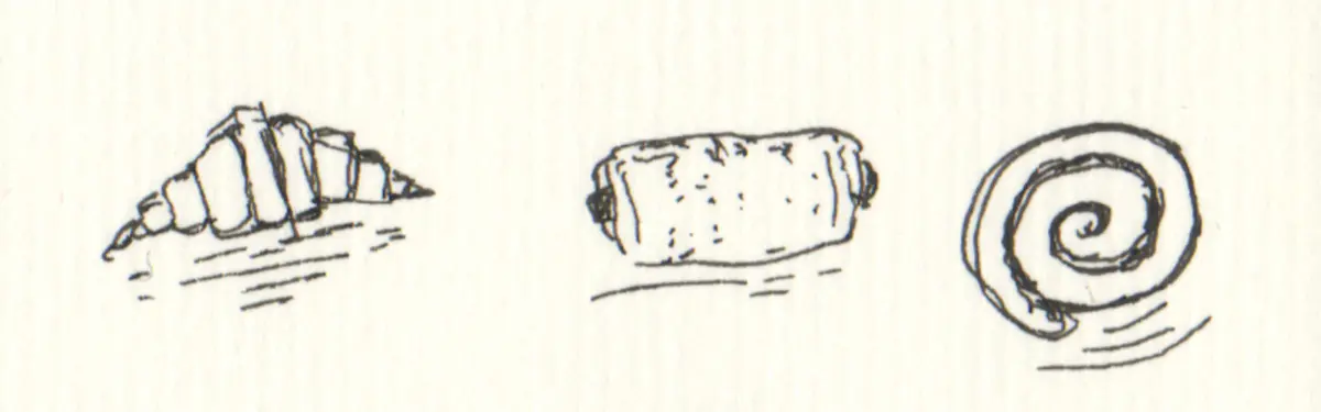 Line drawings of three pastries. Own work 2023.