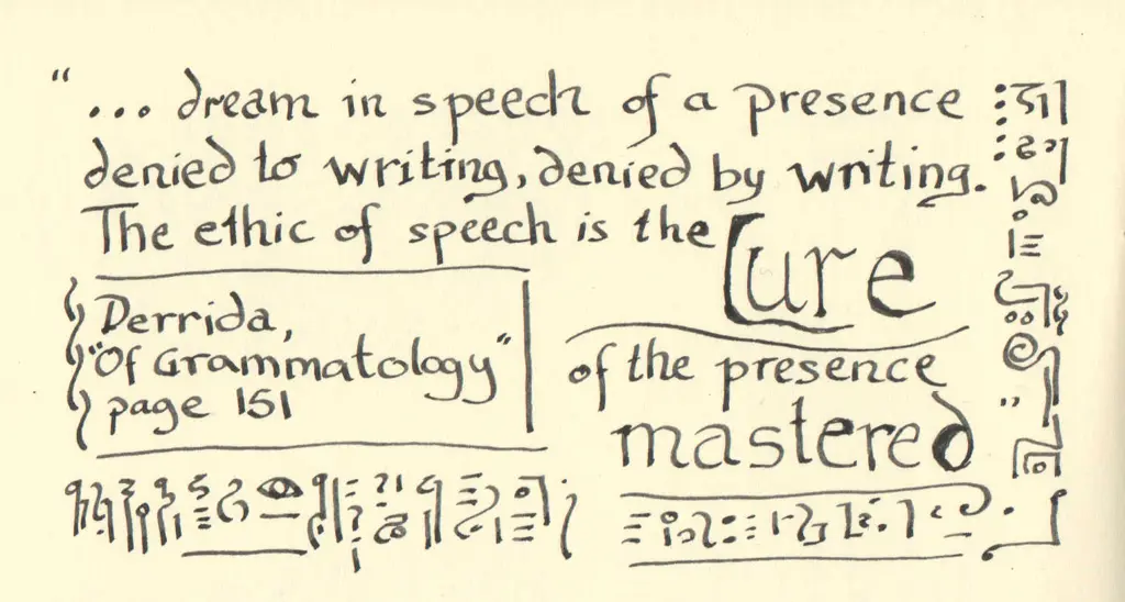 The lure of language. Ink on paper, by AK Krajewska. Image description: Calligraphied text in an ink-drawn frame 