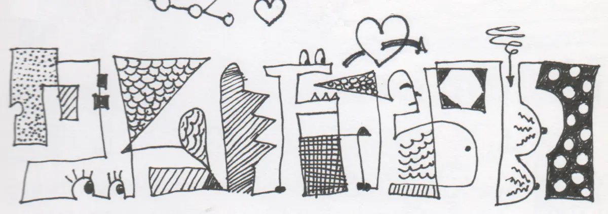 Geometric abstract doodle with eyes, teeth, and other body parts. Own work, 2024.