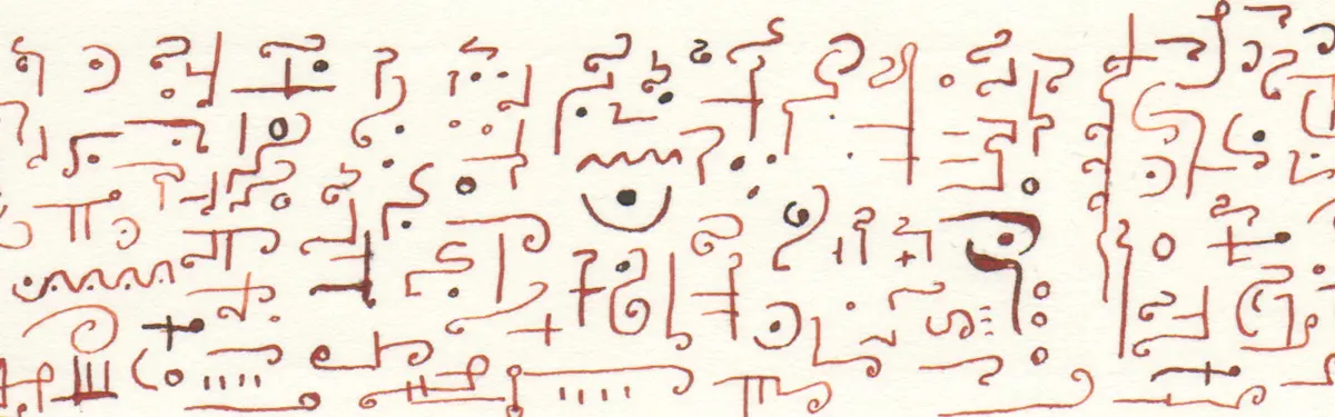 Moose-brown ink on paper. Abstract glyphs. Own work. April 2023.