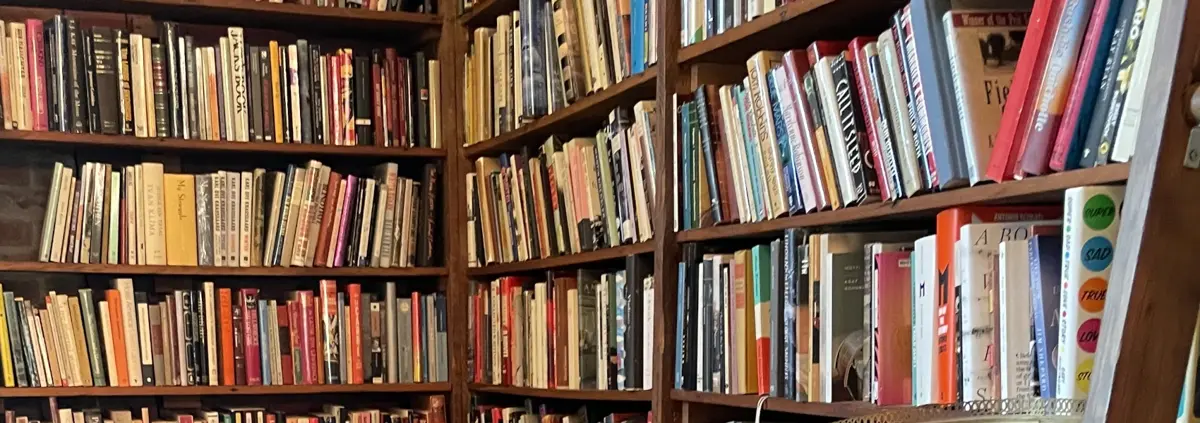 Photo of a wood bookshelf going around a corner and up and down as far as the photo goes filled with all kinds of books. The titles are too indistinct to read. Photo taken at Mother Foucault's bookstore in Portland, Oregon.