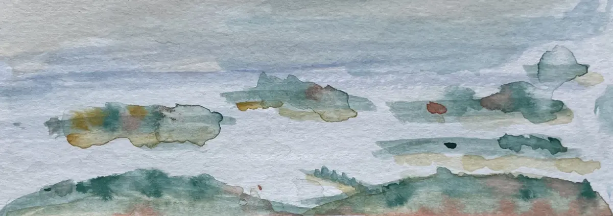 An abstracted watercolor painting of forested islands.