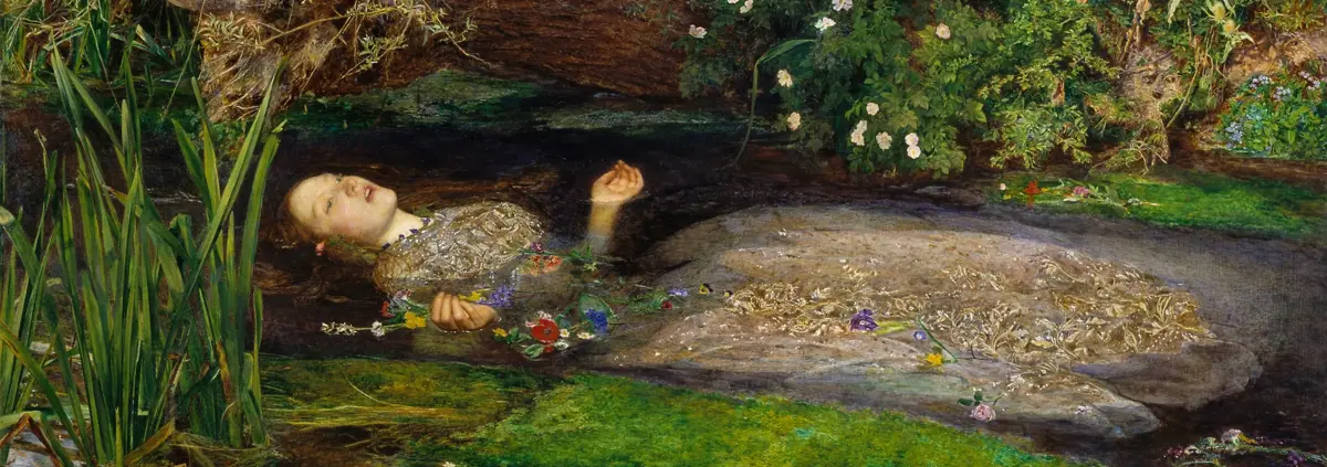 Narrow cropped version of a painting of Ophelia, drowned in a stream, holding flowers in one hand.