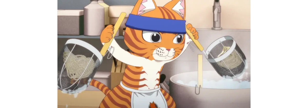 Drawing of a orange striped cat dressed as a ramen chef shaking out two mesh baskets filled with ramen noodles after taking them off the boil.