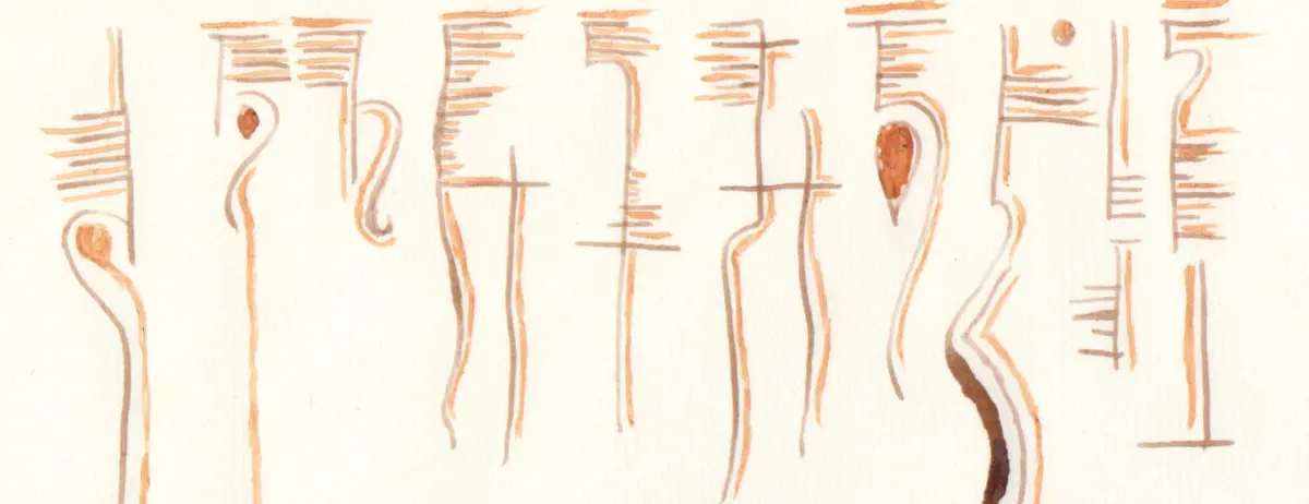 Ink on paper, reddish symbols that look kind of like writing. Own work. 2023.