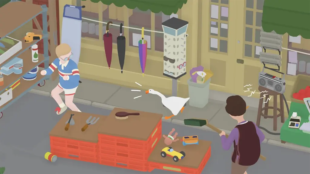 The goose honks at a terrified boy while an angry shopkeeper pursues it with a broom