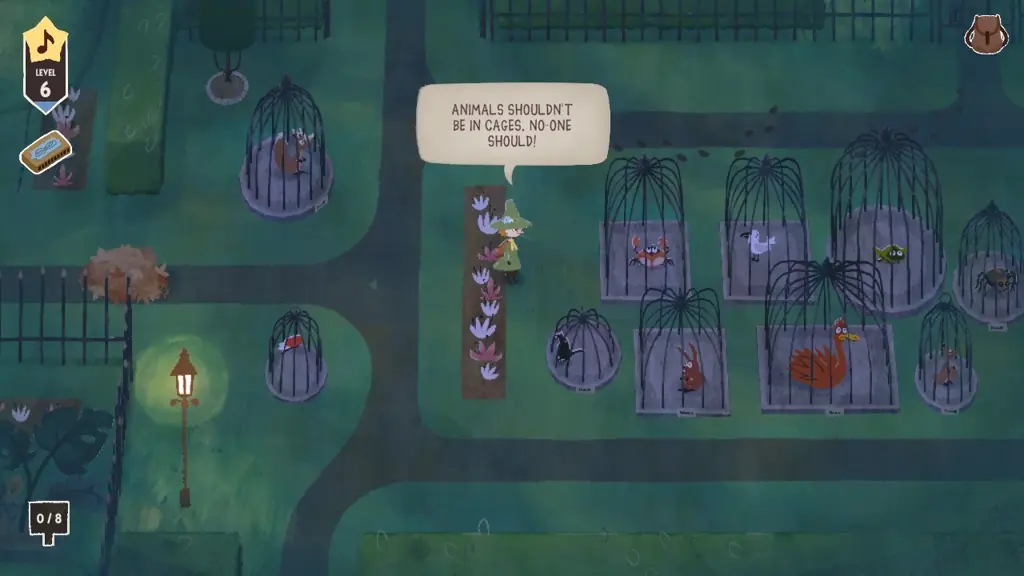 Snufkin finds animals caged in the park and exclaims, 