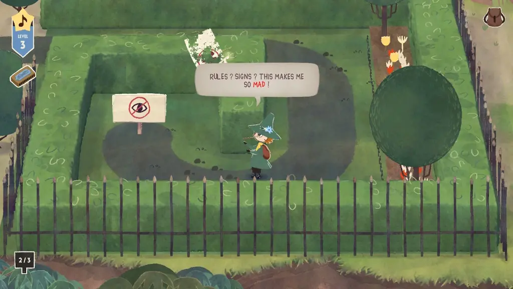 Snufkin rips up a sign in a fenced park