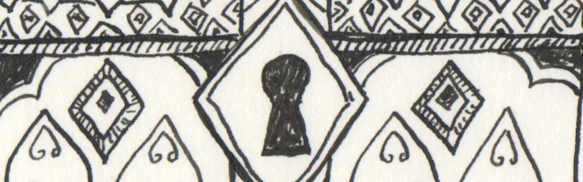 Ink of paper. Close up of a locked spice box. Own work. October 2022.