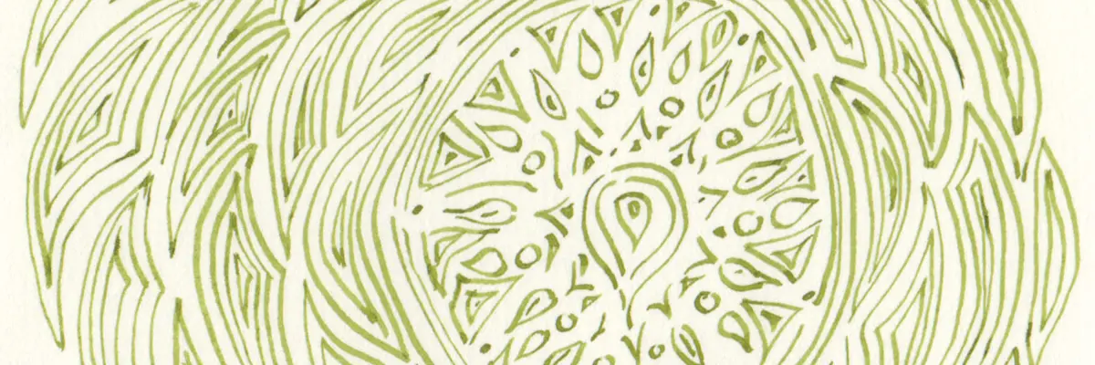 Green ink on paper drawing of abstract swirls.