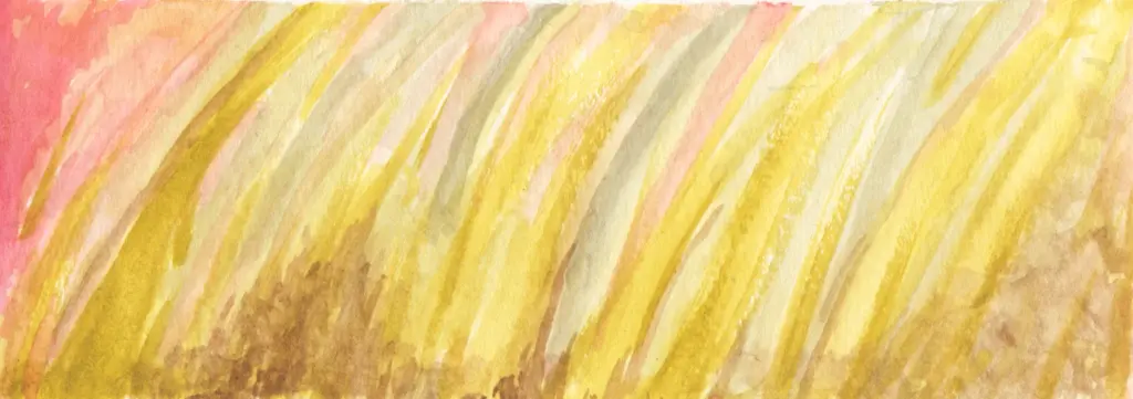 A water color painting of grass bending in the wind, very abstract with shades of red along the edges.