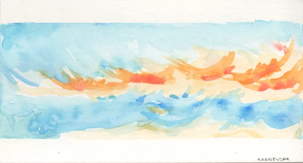 A watercolor painting of an orange cloud in a light blue sky, rather abstract.