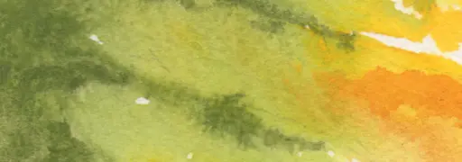 An extreme closeup of a watercolor painting of a gourd with bits of blurry green and orange.