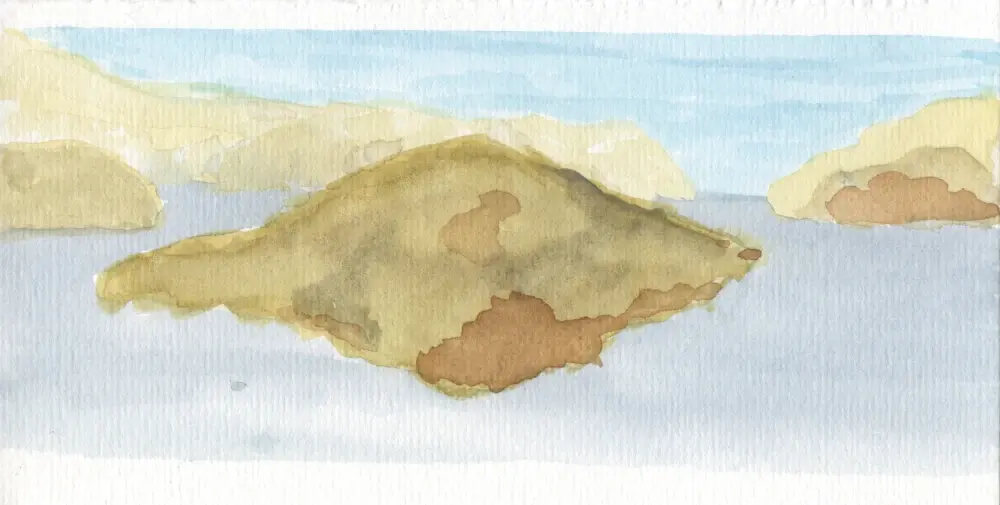 A watercolor painting of Angel Island with simplified colors, mostly shades of brown