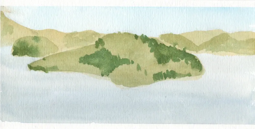 A watercolor painting of Angel Island with simplified colors, mostly shades of green