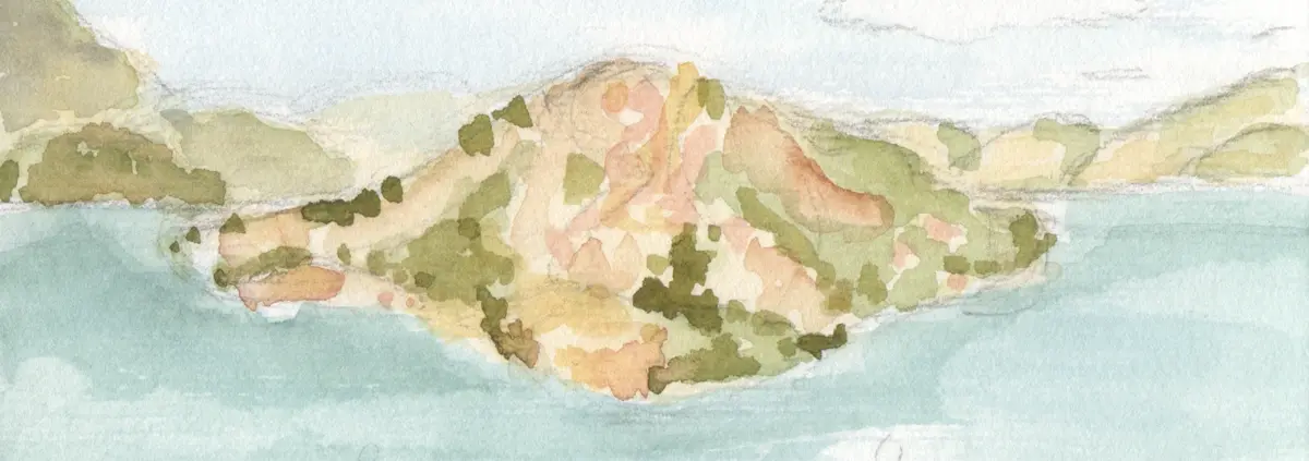 Watercolor painting of Angel Island with mountains behind