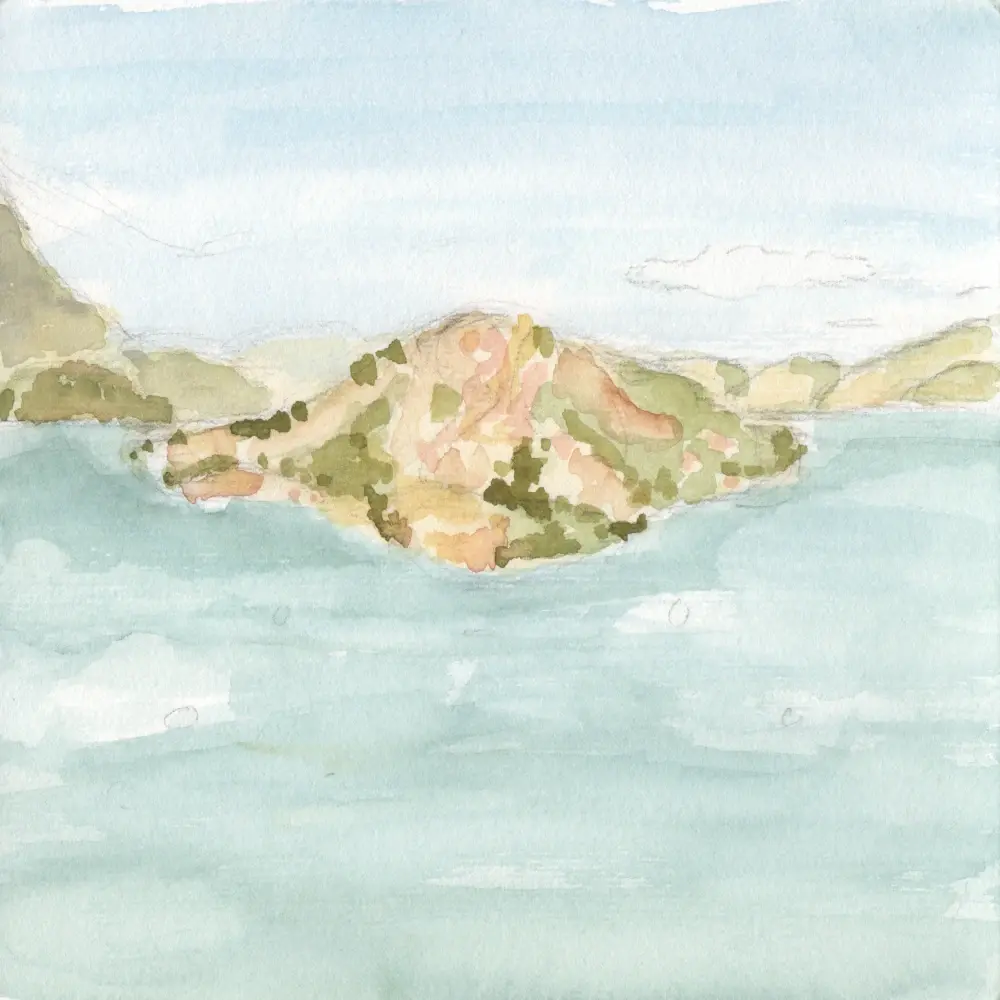 Watercolor painting of Angel Island with mountains behind and a few clouds above