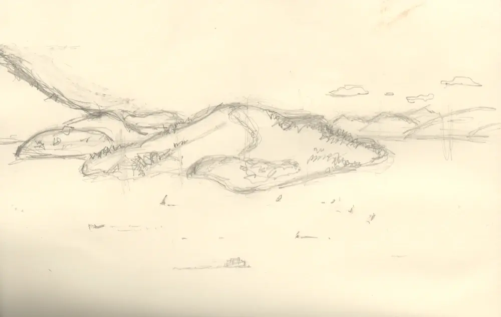 Pencil sketch of Angel Island with mountains behind