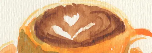 An closeup of a watercolor painting of a cup of cappuccino with a flower on the foam.