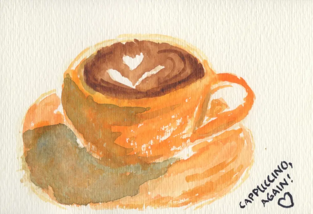 Watercolor painting of a cappuccino with a flower in the foam. The cup and saucer are orange with strong earth undertones.