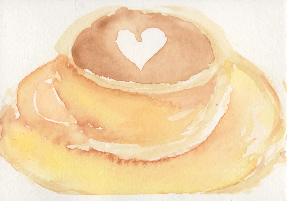 Watercolor painting of a cappuccino with a heart on the foam. The cup and saucer are executed in muted earth tones, not much different than the color of the coffee itself.