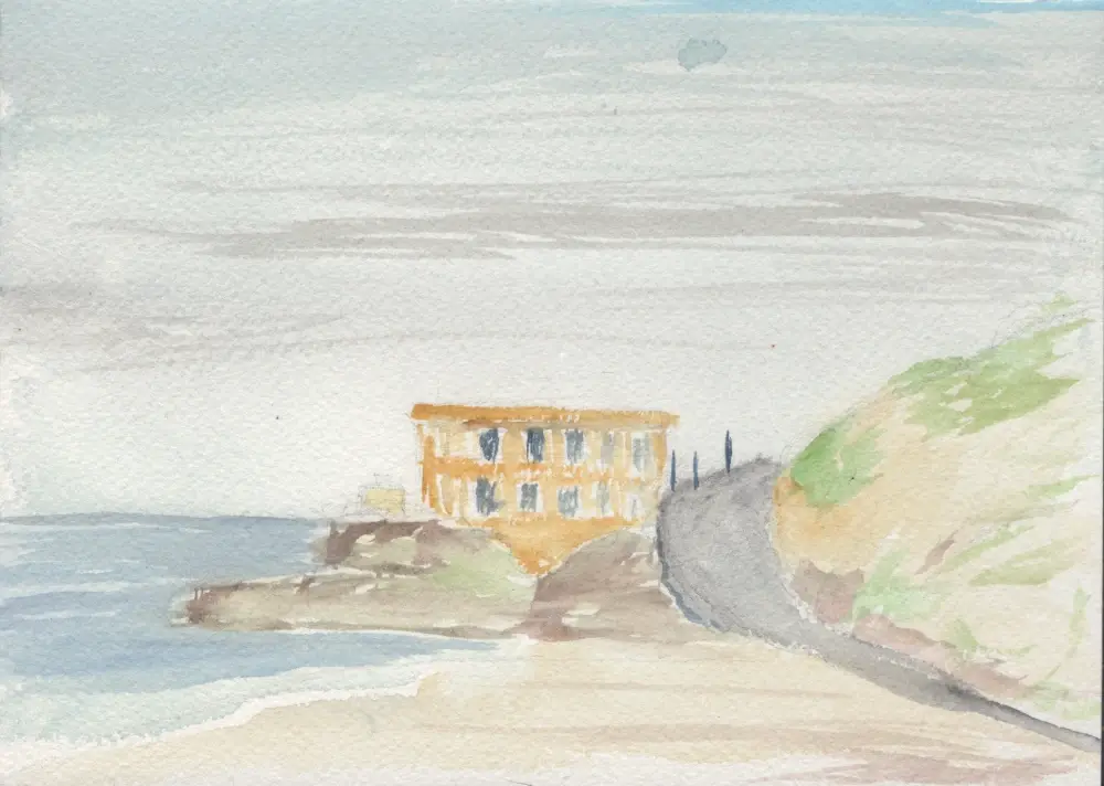 A watercolor painting of the Cliff House building in San Francisco as seen from Ocean Beach. The building stands on the edge of a cliff overlooking the water. A road runs up on its opposite side.
