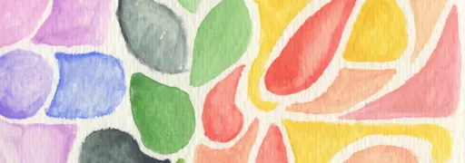 An abstract watercolor painting of roundish shapes with space in between them.