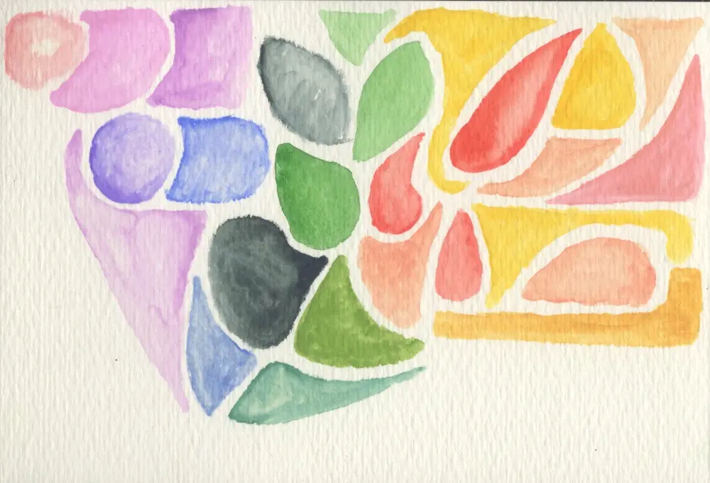 An abstract watercolor painting of various colored lozenges, teardrops, circles and other enclosed shapes. None of them overlap.