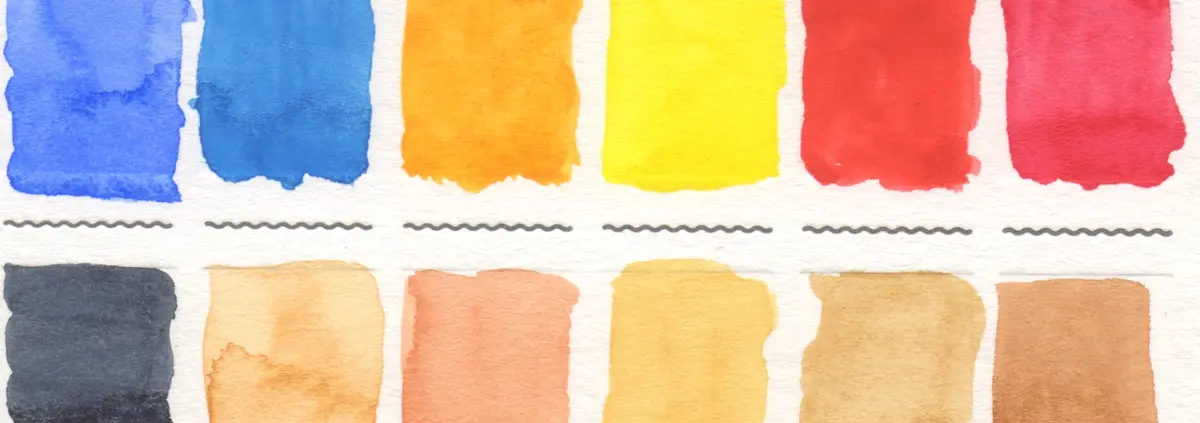 A piece of paper with rectangular swatches of watercolor paints