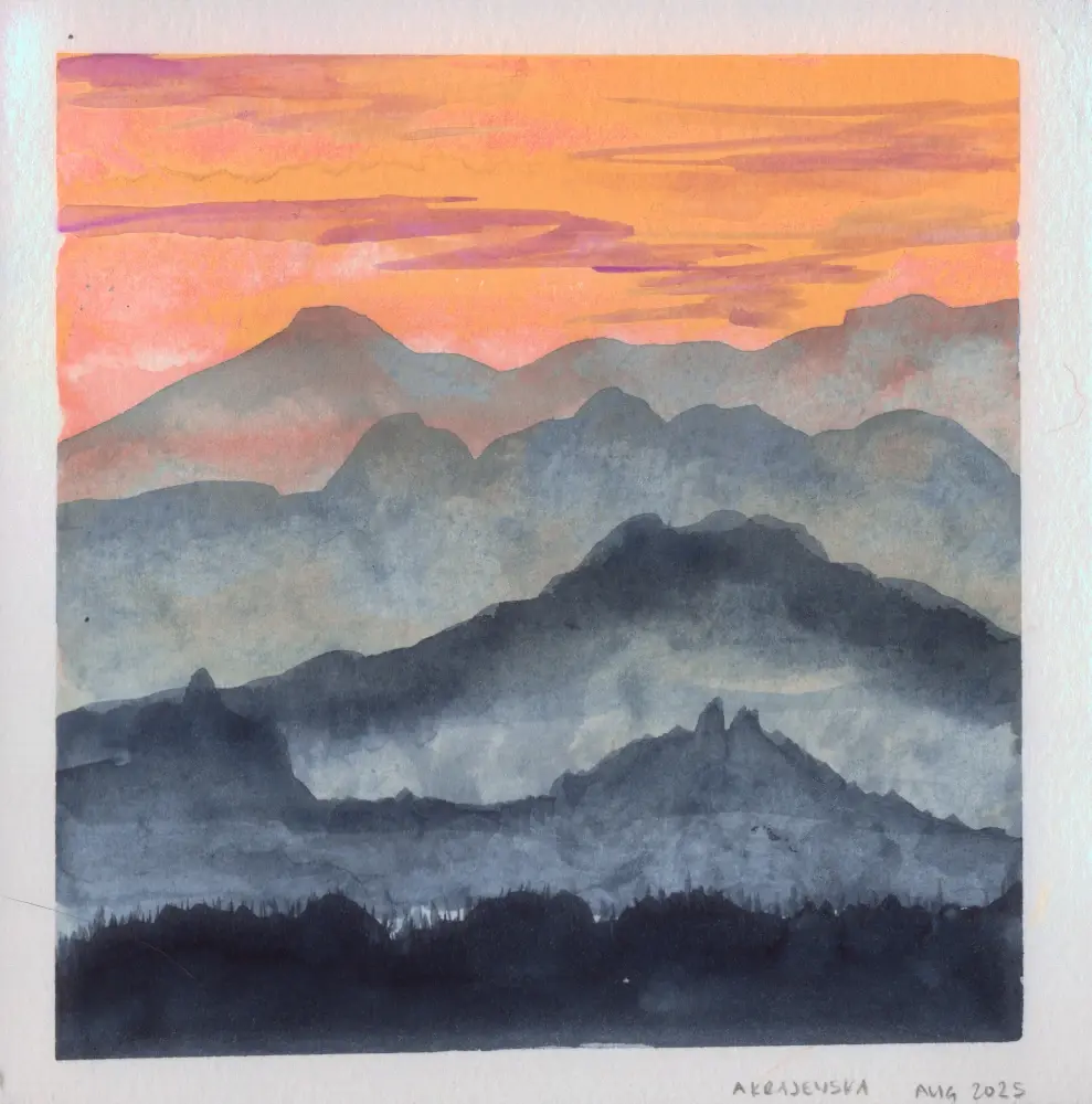 An abstract watercolor painting of mountain ranges with atmospheric perspective with a coral pink sky and layers of mountain painted entirely indigo diluted to different values