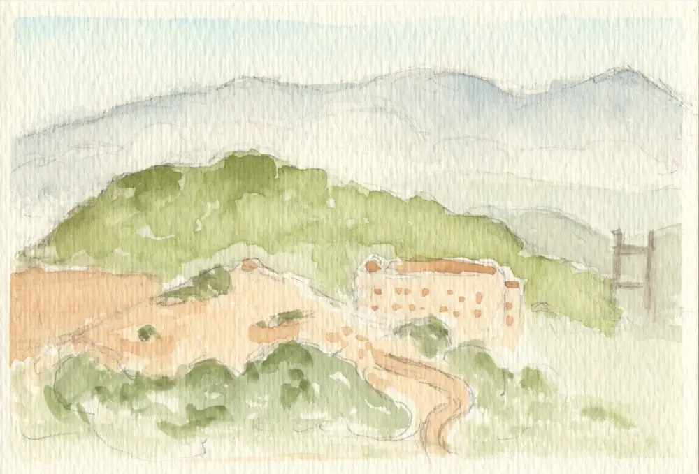 A watercolor painting of a sandy pink rocky outcropping and building nestled in greenery