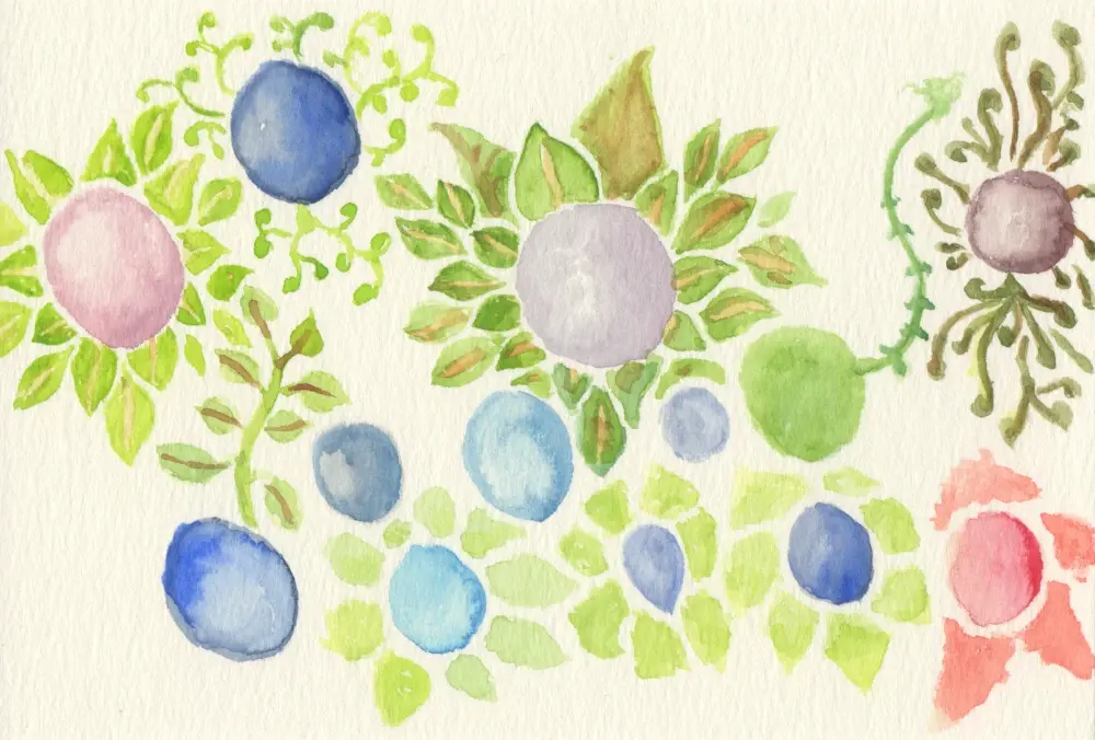 Multicolored orbs with leaves around them