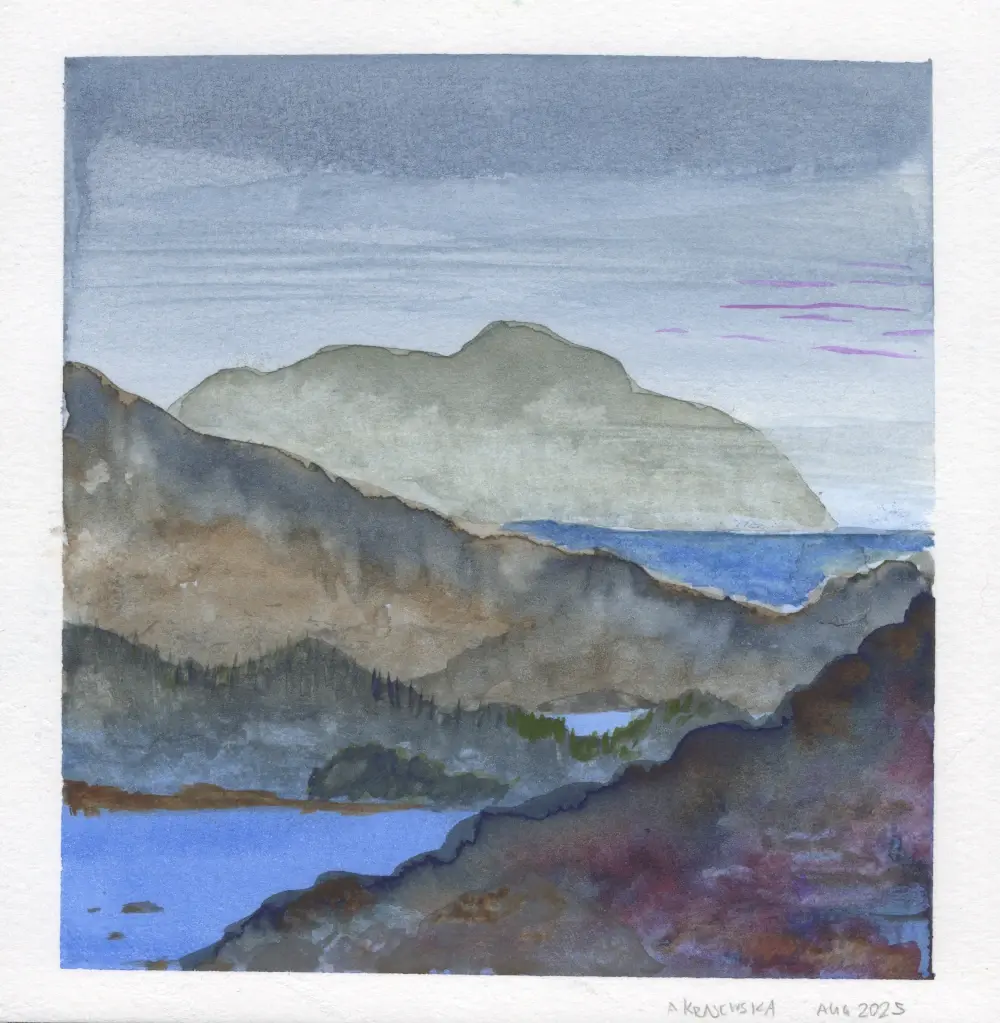 A watercolor painting of mountains and hills in muted colors that run into the sea. They sky above is gray