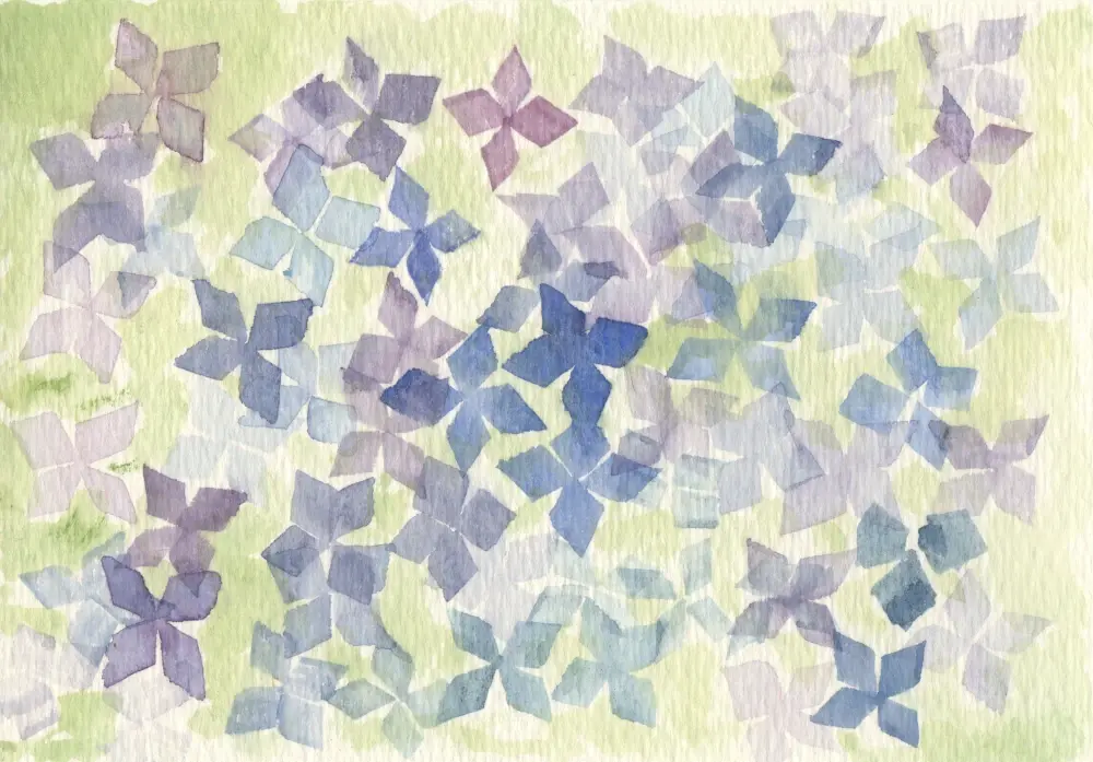 A very sharp and angular watercolor painting of individual hydrangea flower clusters