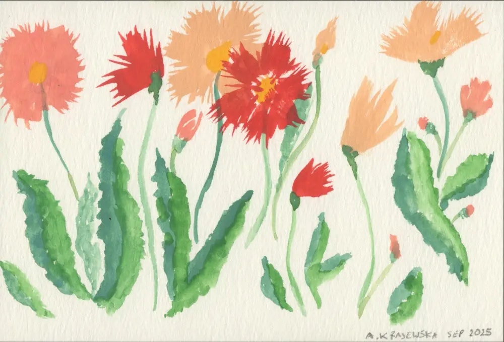 A watercolor painting of asters-like flowers, the blooms shades of red an purple