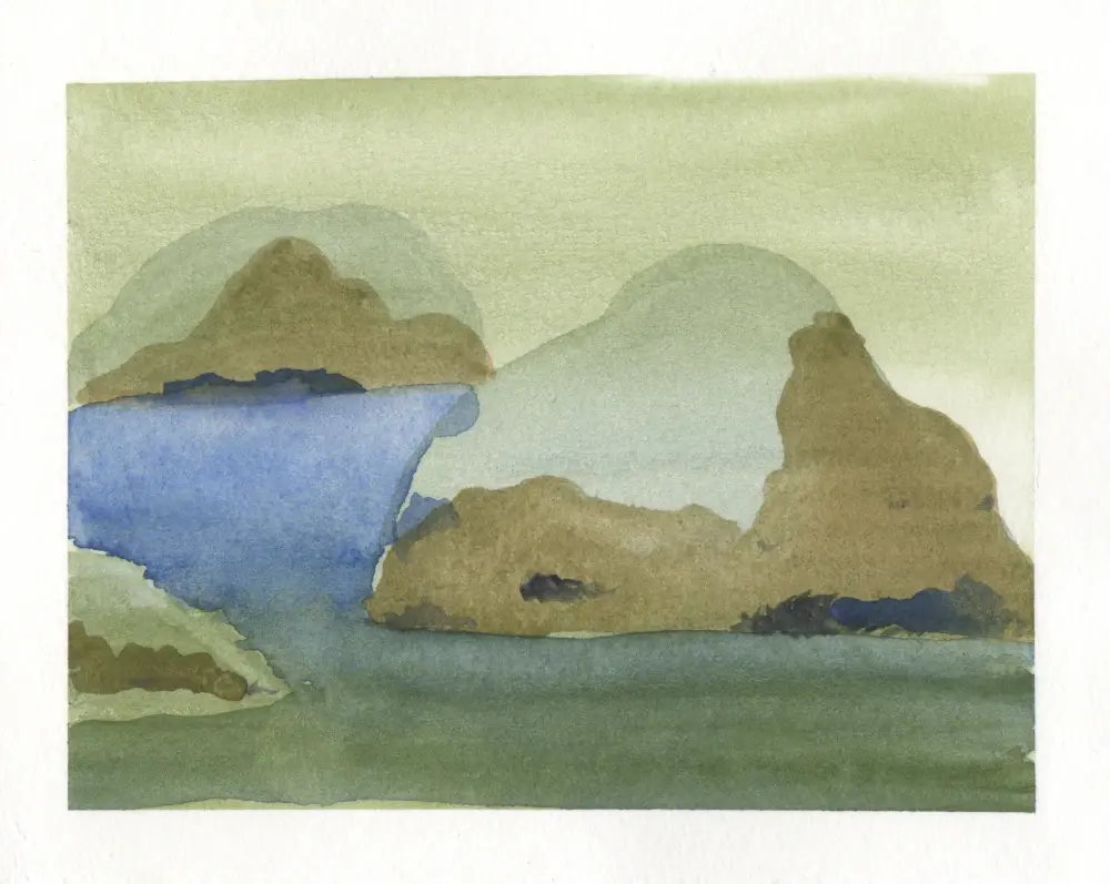 Watercolor painting of abstract islands, very upright and mostly green