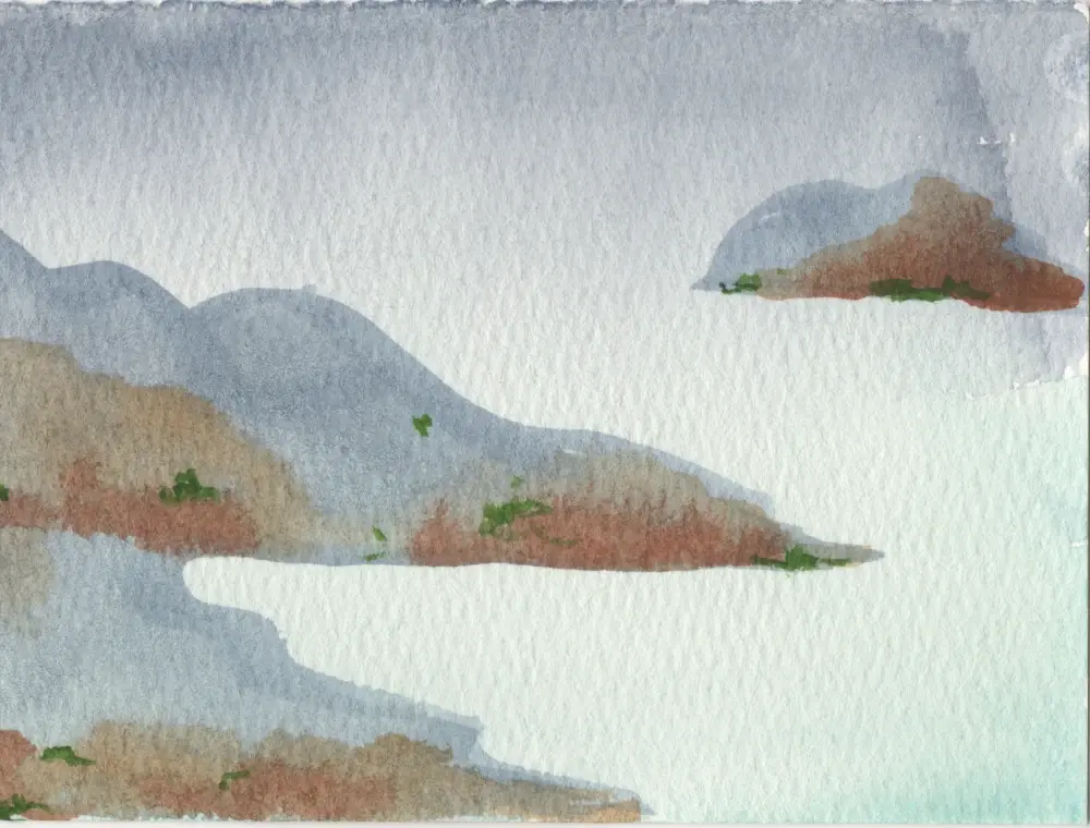 Watercolor painting of abstract headlands and islands, blue and brown
