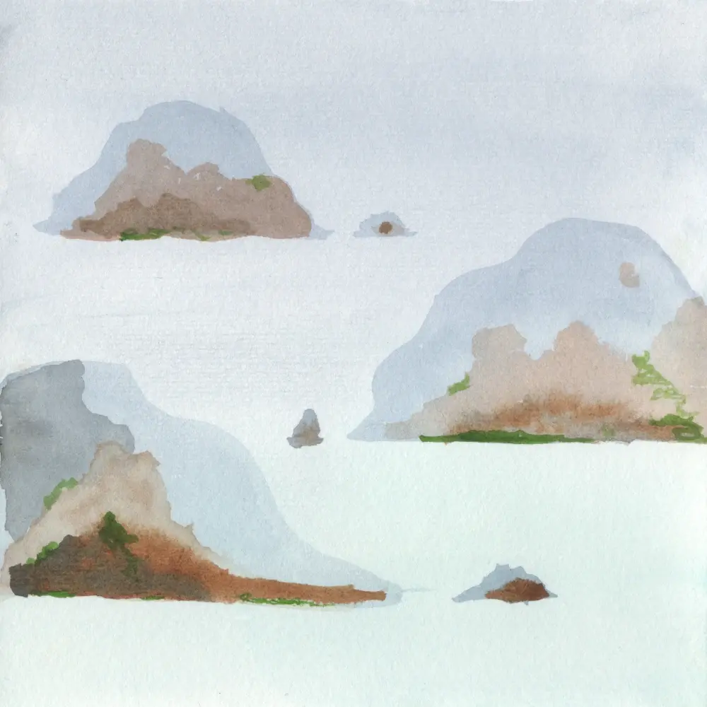 Watercolor painting of abstract islands, very upright, blueish and brown 