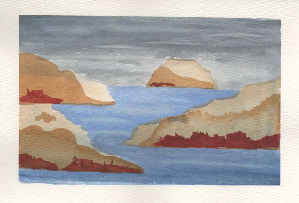 Watercolor painting of abstract islands, brown and red