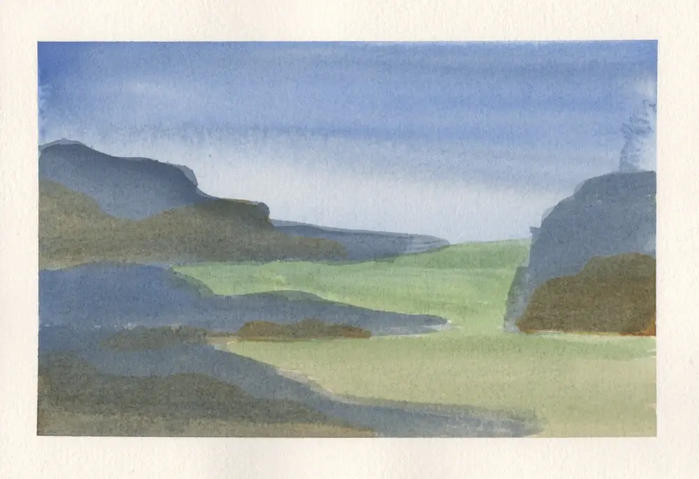 Watercolor painting of imaginary islands on a green sea