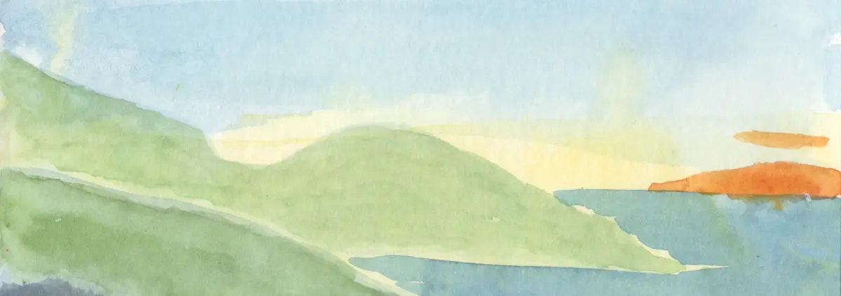 Watercolor painting of green headlands sinking into the sea, in the background an orange sun sets with a small slice of itself above it.