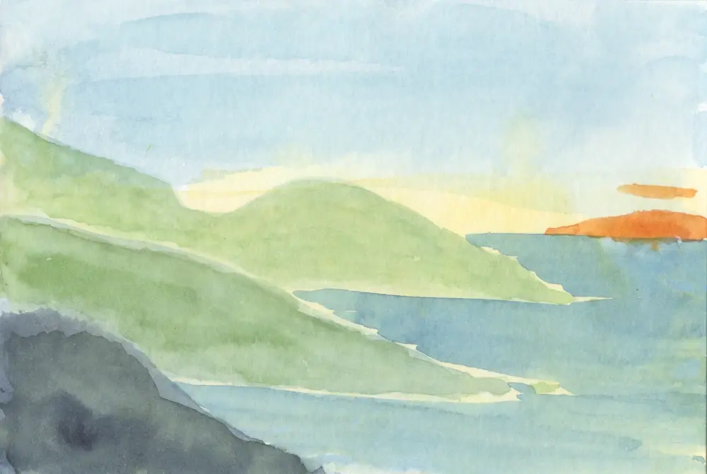 Watercolor painting of abstract headlands with a setting sun in the background
