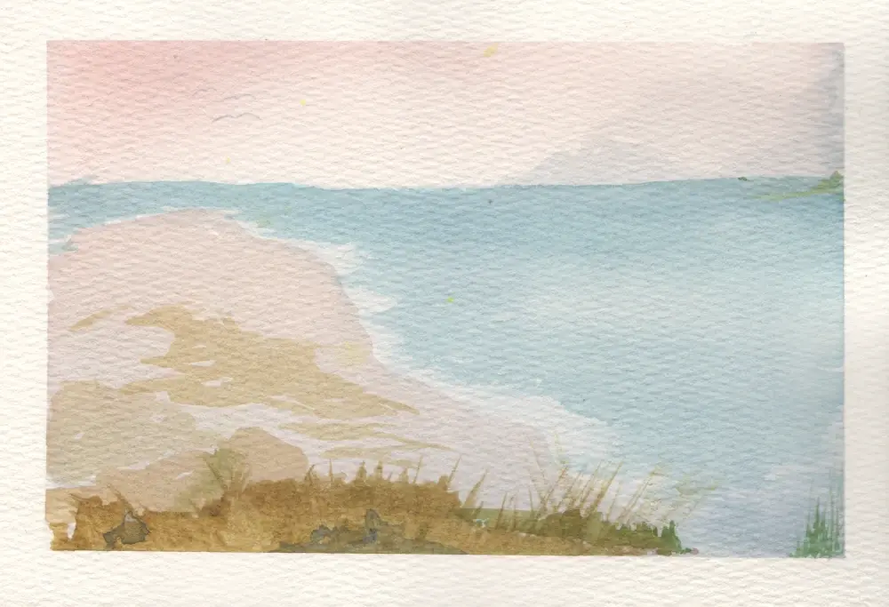 A watercolor painting of dunes with grasses jutting out in the foreground