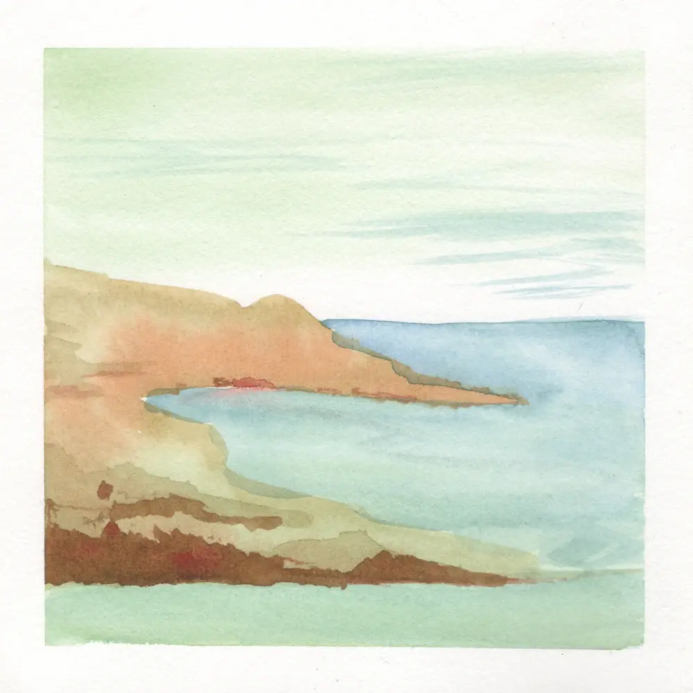A watercolor painting of some kind of cove with greenish skies above