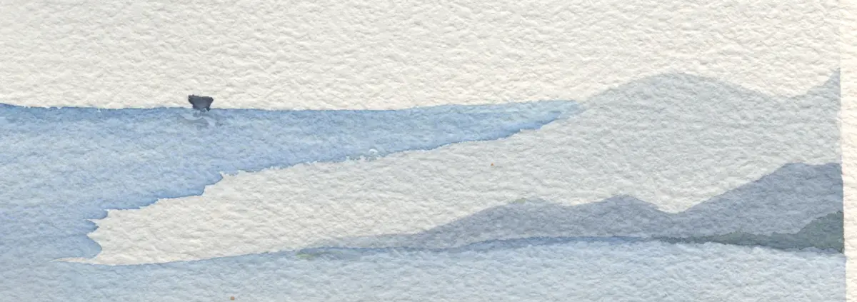 A close crop of a watercolor painting, suggesting a big of land jutting into the sea