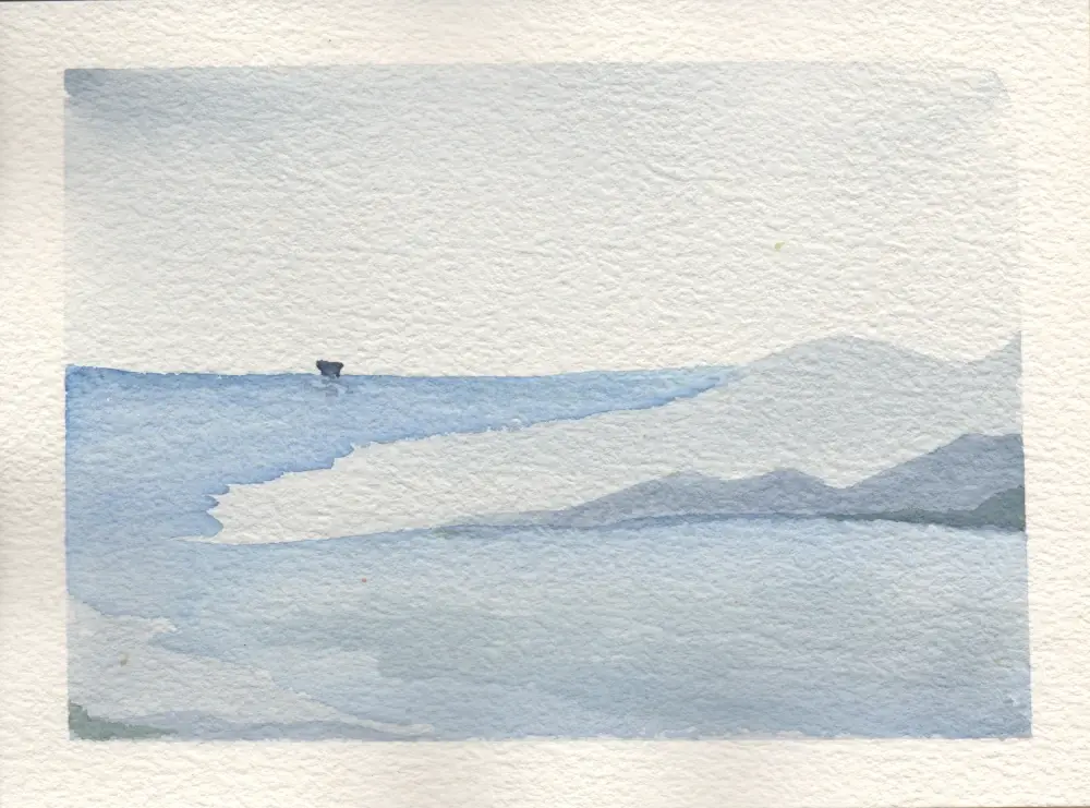 A watercolor painting of a bit of land jutting into the sea. All the colors are shades of indigo, and a shape against the horizon might be a cargo ship or an automatic foghorn