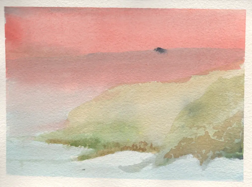 A watercolor painting of the edge of a land going into the sea. The sky above is oddly red. 