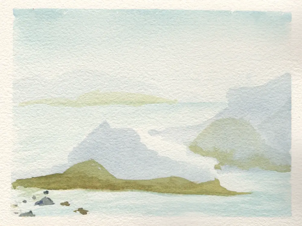 A watercolor painting of mountains rising out of the ocean with a strait in between